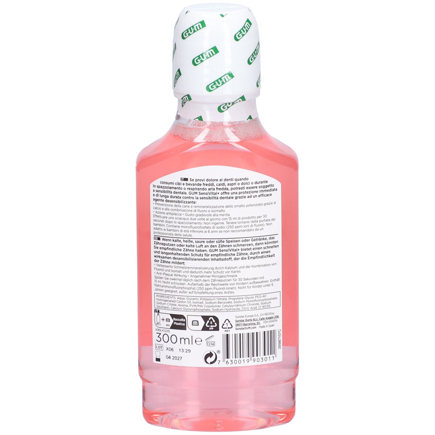 Flacone di collutorio GUM con liquido rosa. 300ml. Tappo bianco con loghi GUM verdi.