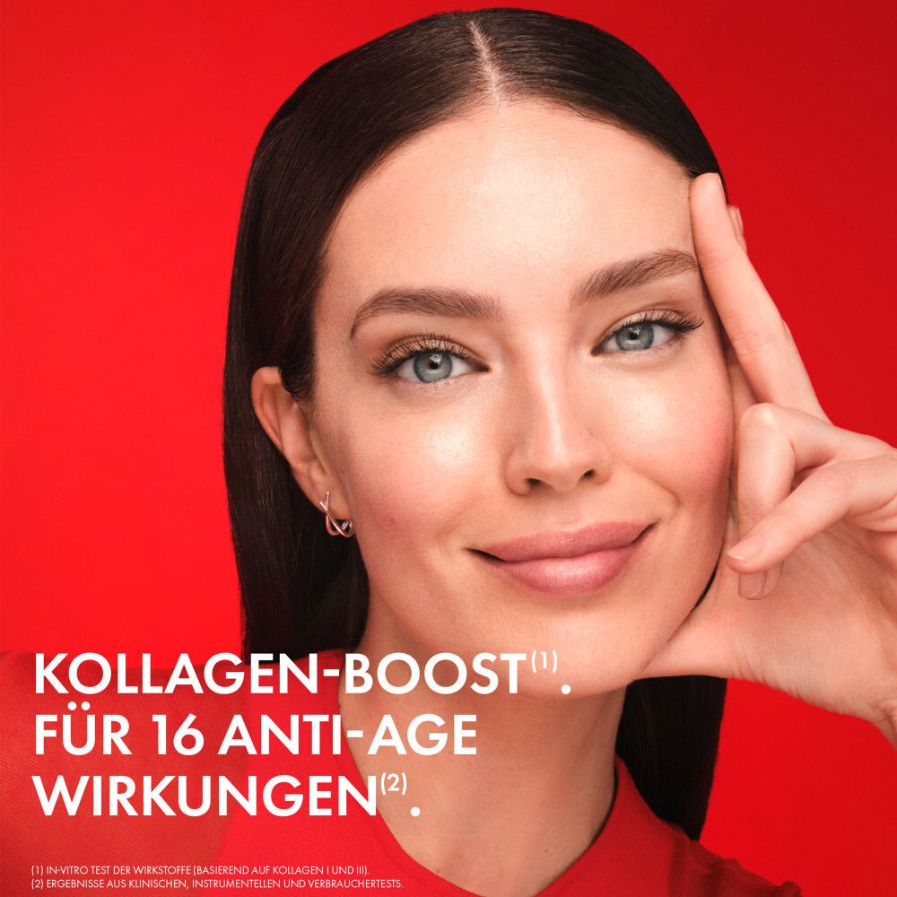 Donna con incarnato radioso, boost di collagene per 16 effetti anti-età.