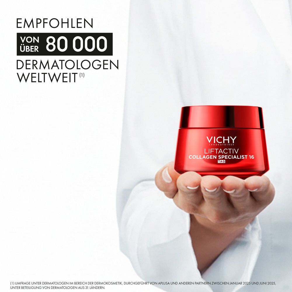Vichy Liftactiv Collagen Specialist 16 crema giorno in vaso rosso, raccomandata dai dermatologi.