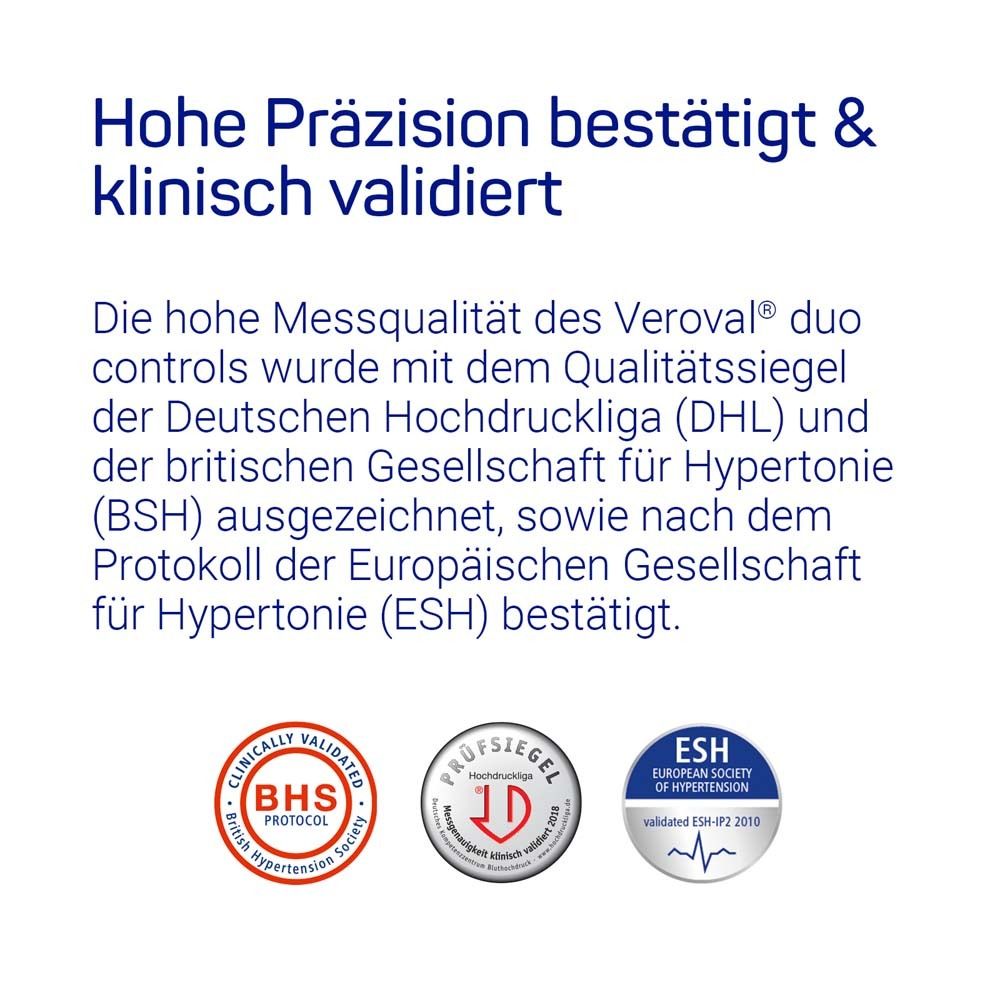 Testo: Alta precisione confermata e clinicamente validata. Loghi di BHS, DHL ed ESH.