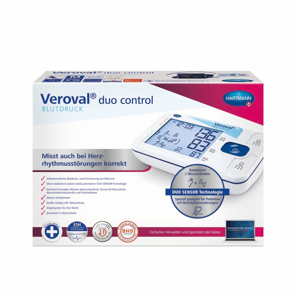 Confezione di Veroval® DUO CONTROL. Mostra il misuratore di pressione e il testo: Misura corretta anche in caso di aritmia.