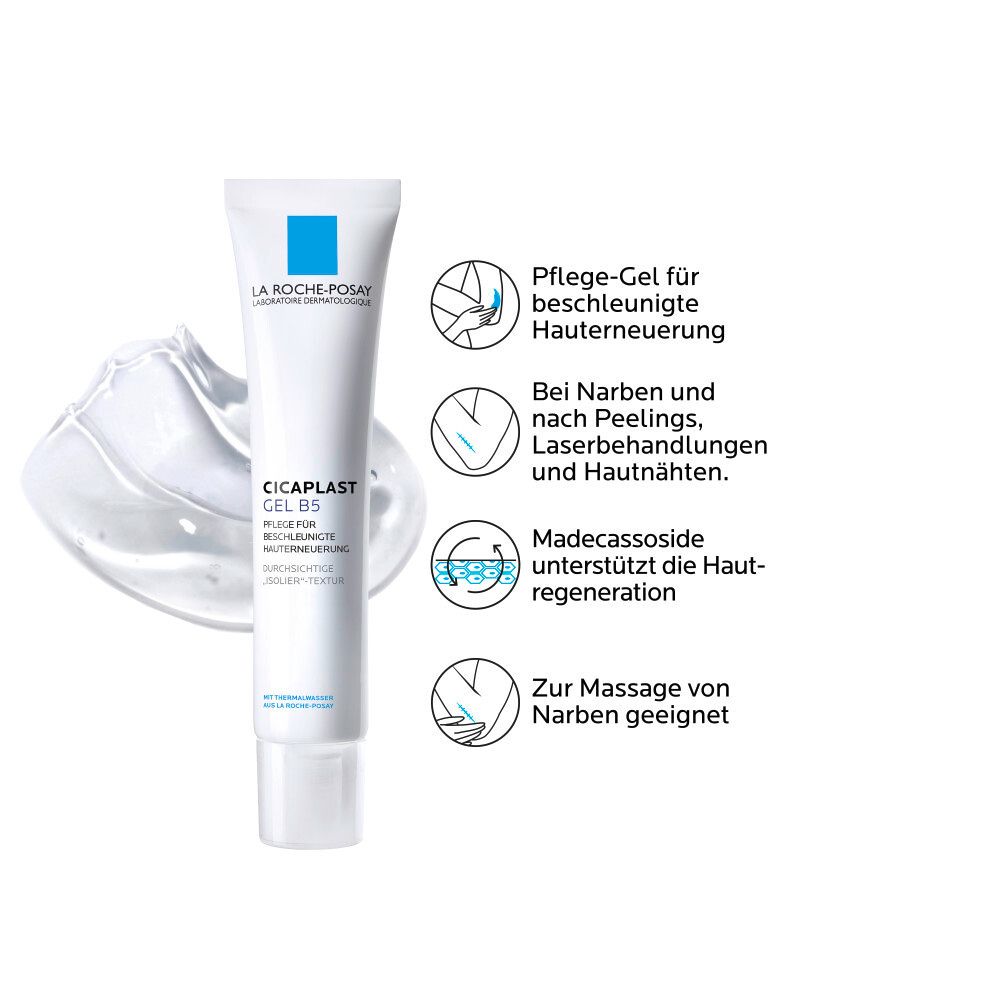 Tubo La Roche-Posay CICAPLAST GEL B5. Testo e illustrazioni delle proprietà: rinnovamento cutaneo, cicatrici, peeling.