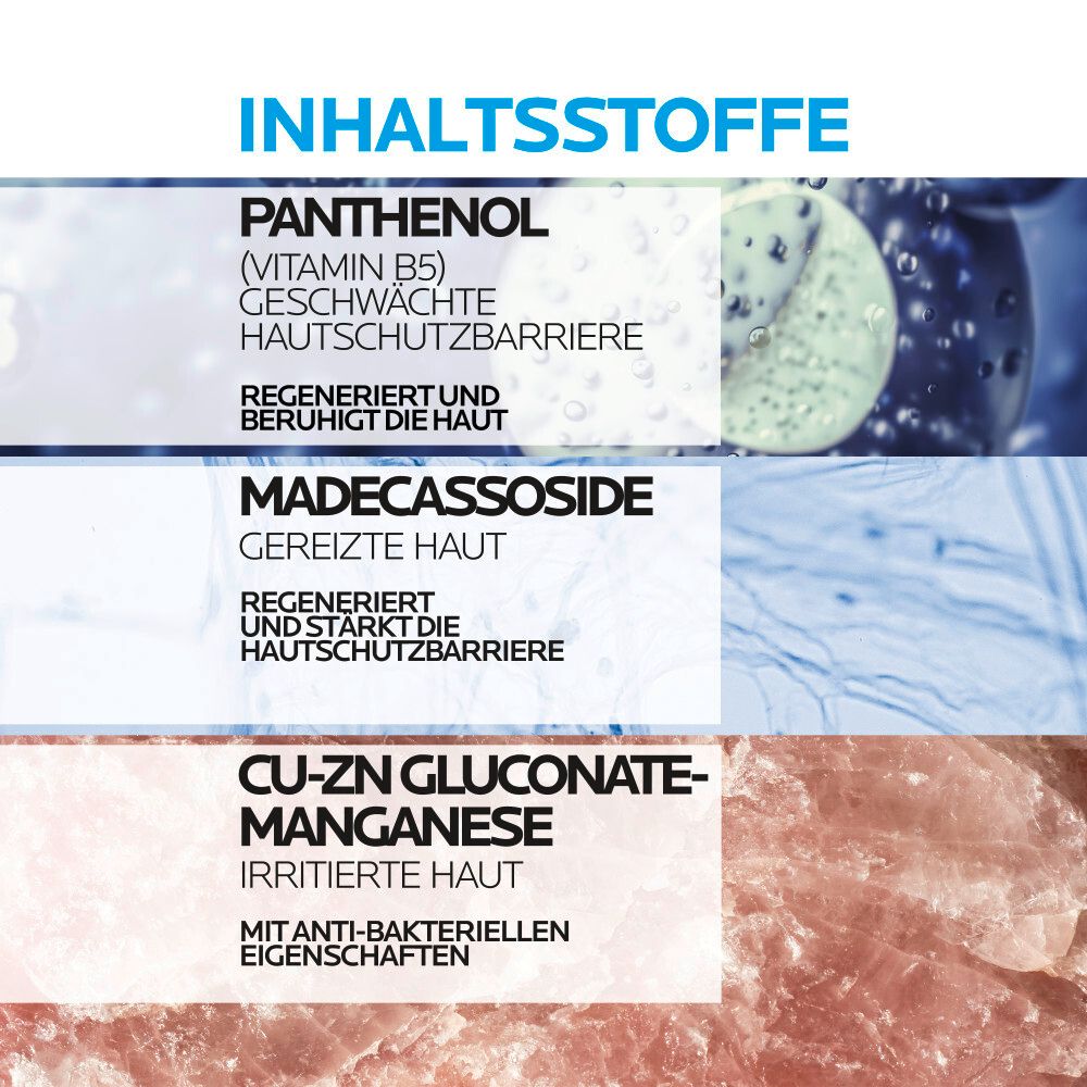 Grafico degli ingredienti. Contiene pantenolo, madecassoside e gluconato di Cu-Zn-manganese. Testo e illustrazioni.