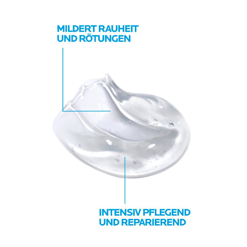 Illustrazione della texture gel. Mostra le proprietà: attenua arrossamenti, cura intensiva e riparatrice.