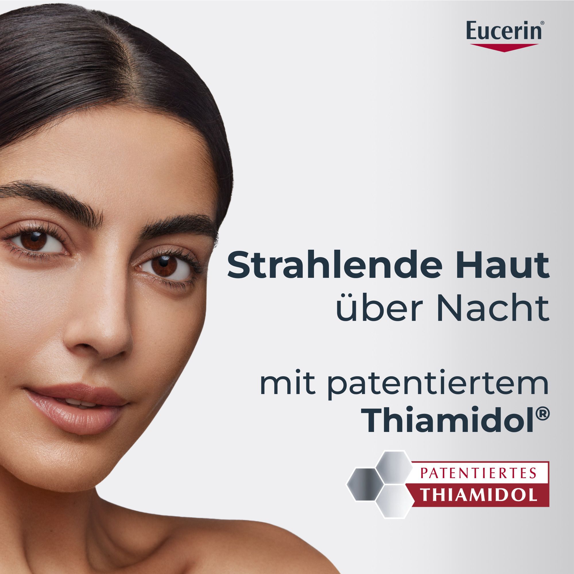 Donna con pelle radiosa accanto a testo sulla crema da notte Eucerin Anti-Pigment con Thiamidol brevettato.