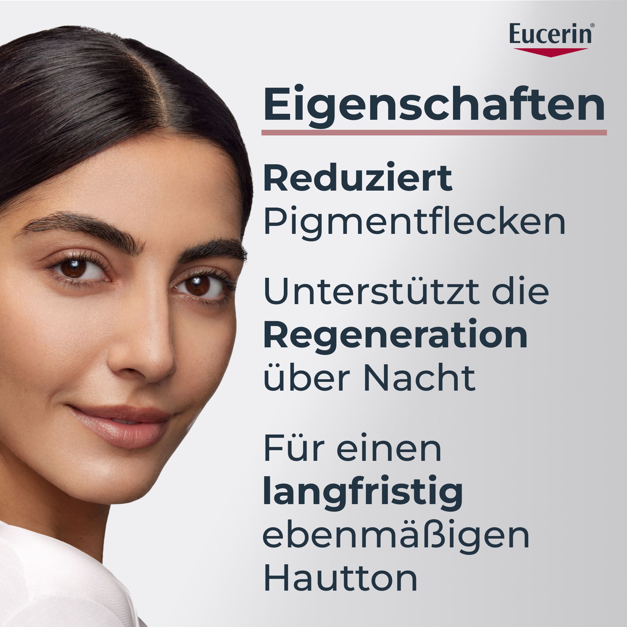 Donna con pelle liscia accanto a testo sulle proprietà della crema da notte Eucerin Anti-Pigment.