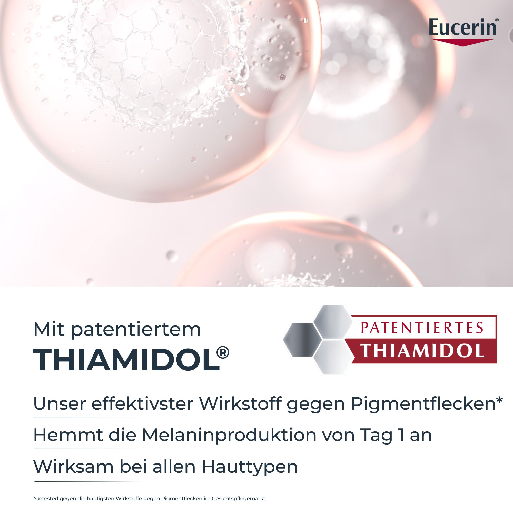 Rappresentazione astratta di molecole e testo sul Thiamidol brevettato, l'ingrediente attivo di Eucerin.