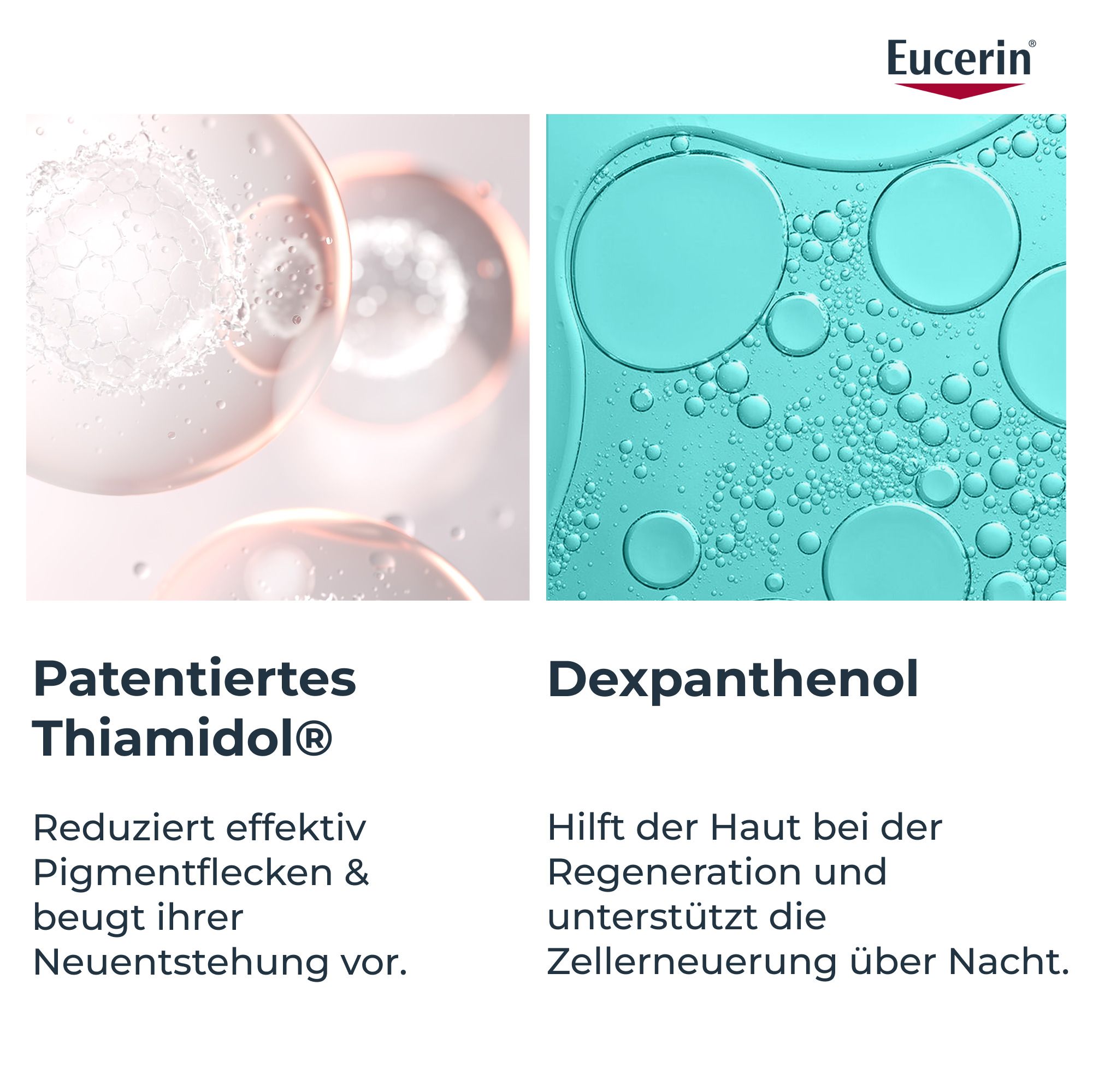 Rappresentazioni astratte di molecole che mostrano Thiamidol e Dexpantenolo nei prodotti Eucerin.