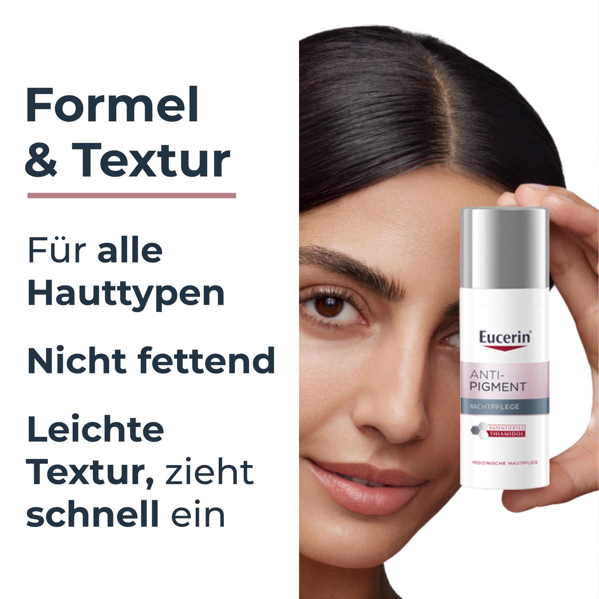 Donna che tiene la crema da notte Eucerin Anti-Pigment. Il testo descrive formula e texture per tutti i tipi di pelle.