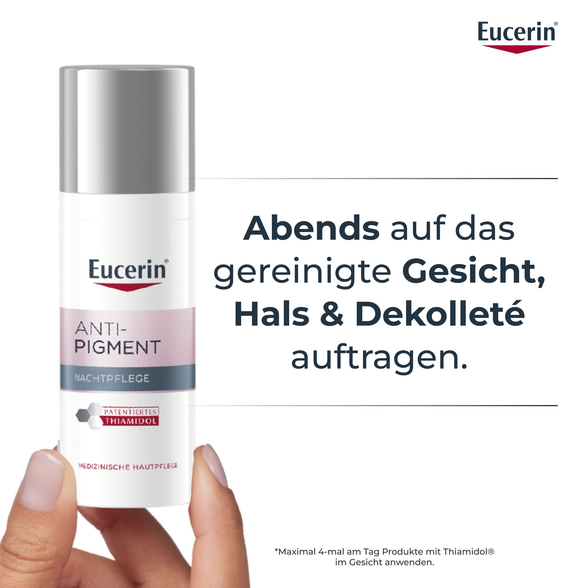 Mano che tiene la crema da notte Eucerin Anti-Pigment. Il testo spiega l'applicazione su viso, collo e décolleté.
