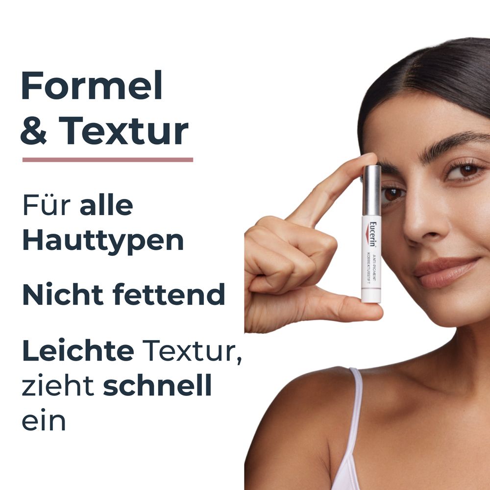 Donna tiene la penna correttiva Eucerin Anti-Pigment; testo su formula e texture.