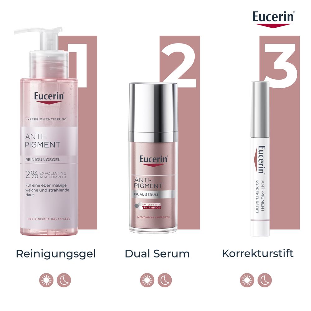 Gel detergente, siero doppio e penna correttiva Eucerin Anti-Pigment.