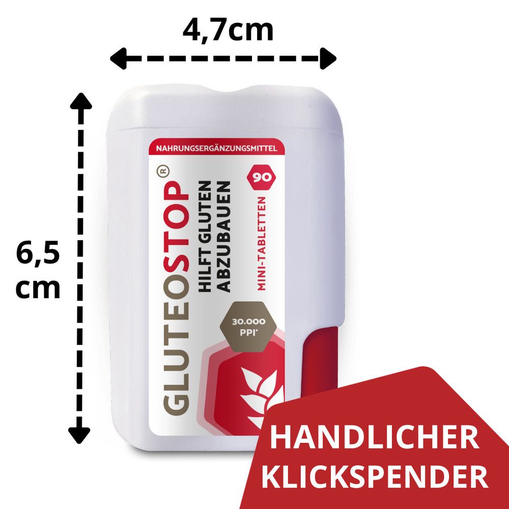 Dispenser GluteoStop (6,5x4,7 cm) con 90 mini-compresse, pratico dispenser a scatto.