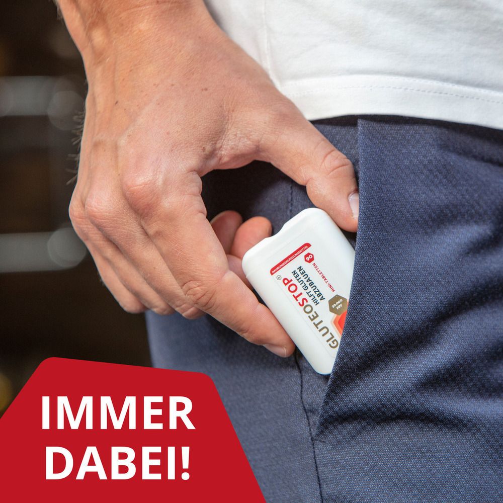 Dispenser GluteoStop in una tasca dei pantaloni, sempre a portata di mano.