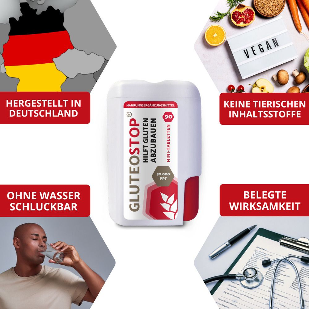 GluteoStop: Prodotto in Germania, vegano, senza ingredienti animali, senza acqua, efficacia comprovata.