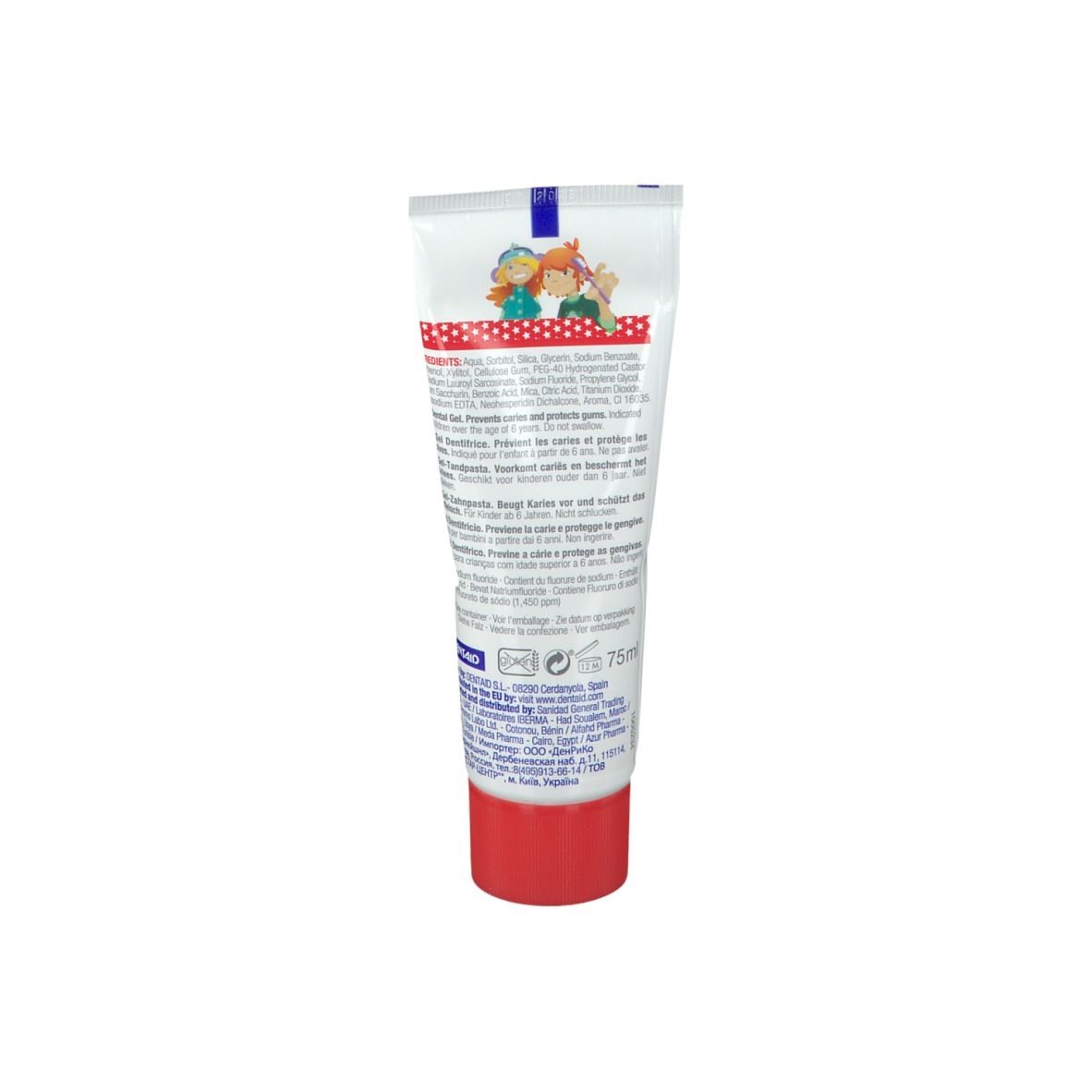 Tubo di dentifricio con illustrazione di bambini e pois rossi, 75ml.