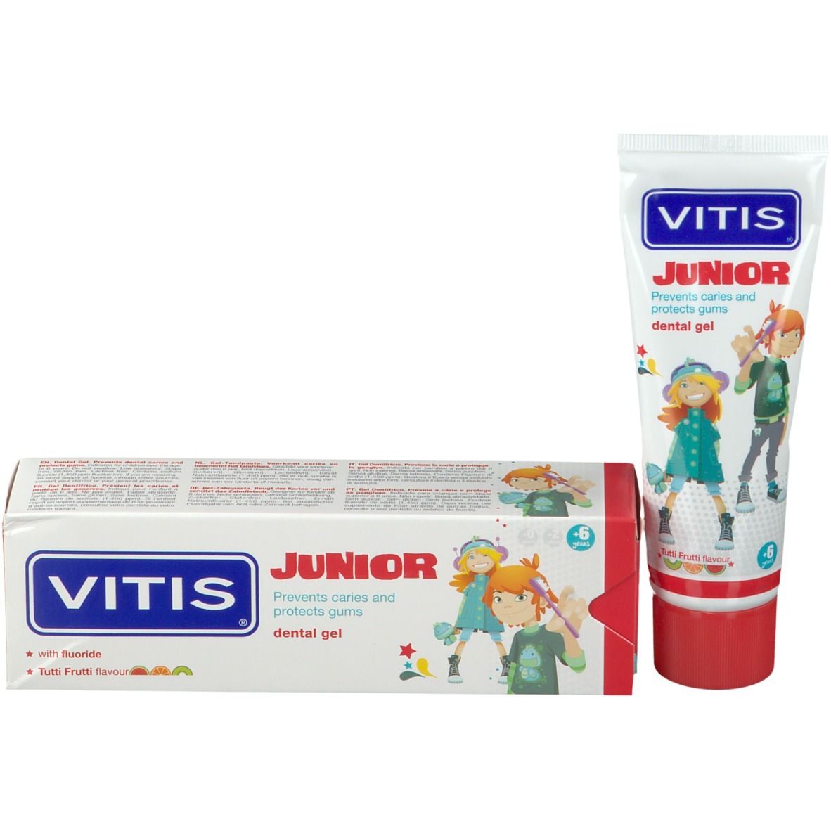 Tubo e scatola di dentifricio Vitis Junior con illustrazioni per bambini.