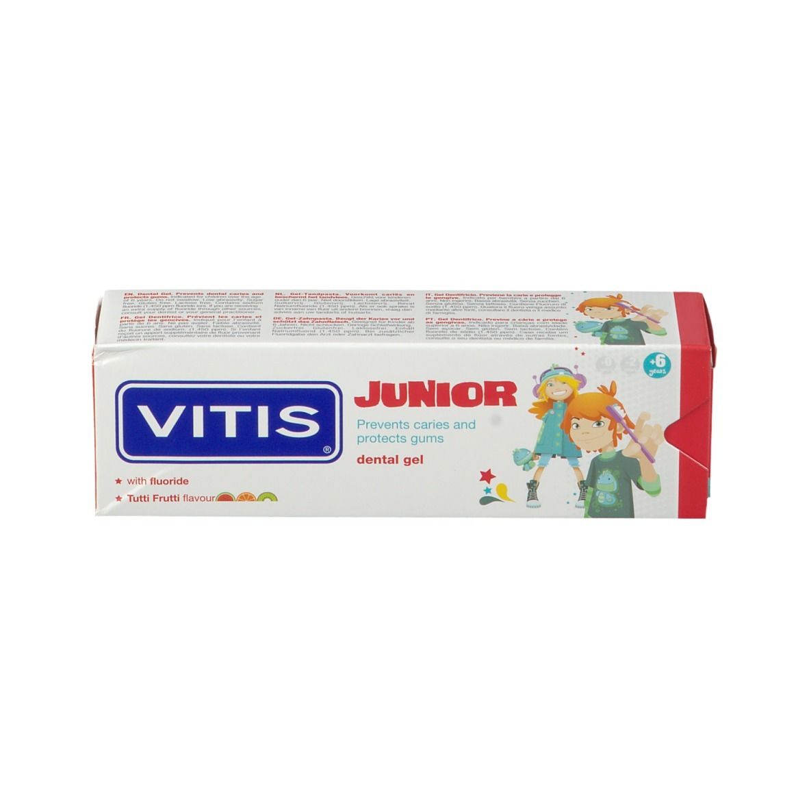 Confezione di gel dentale Vitis Junior con illustrazioni di bambini e spazzolini. Contiene fluoro e aroma Tutti Frutti.