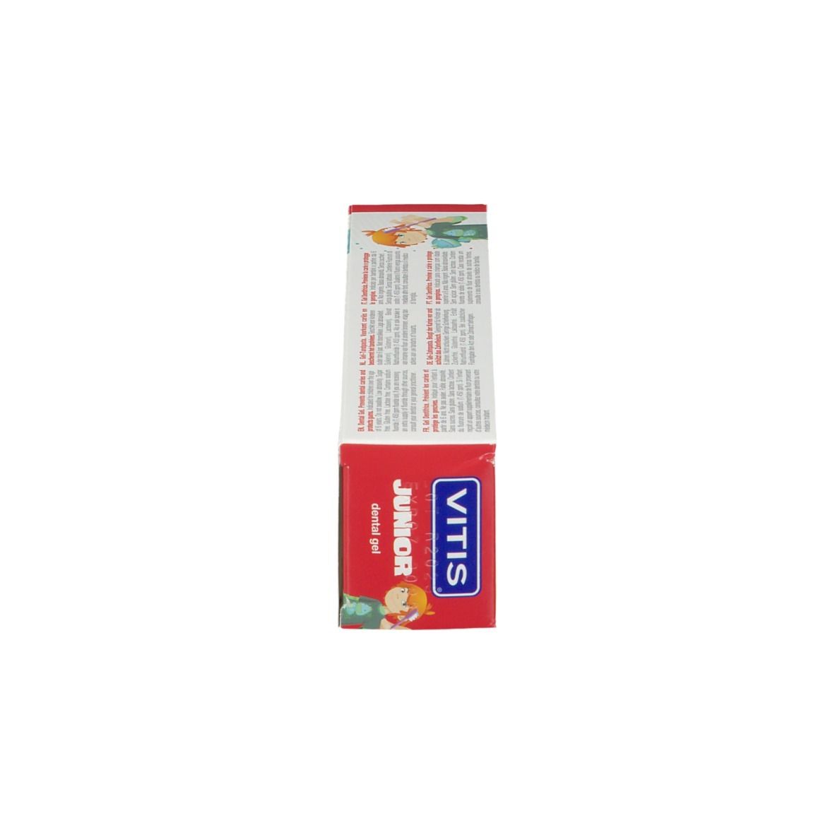 Tubo di gel dentale Vitis Junior in confezione rossa con scritte.