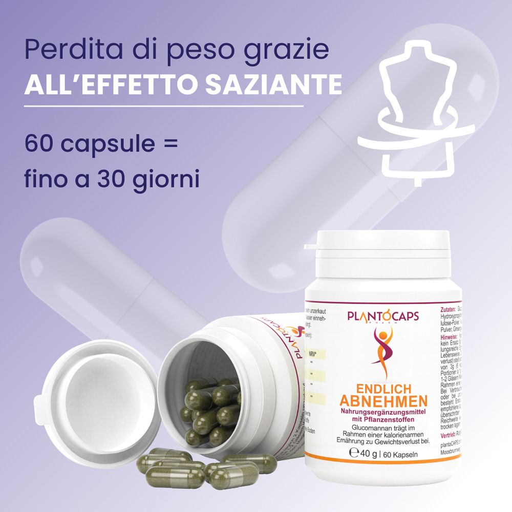 Flacone da 60 capsule, 40g. "plantoCAPS EA" e "Endlich Abnehmen" sono visibili sull'etichetta.