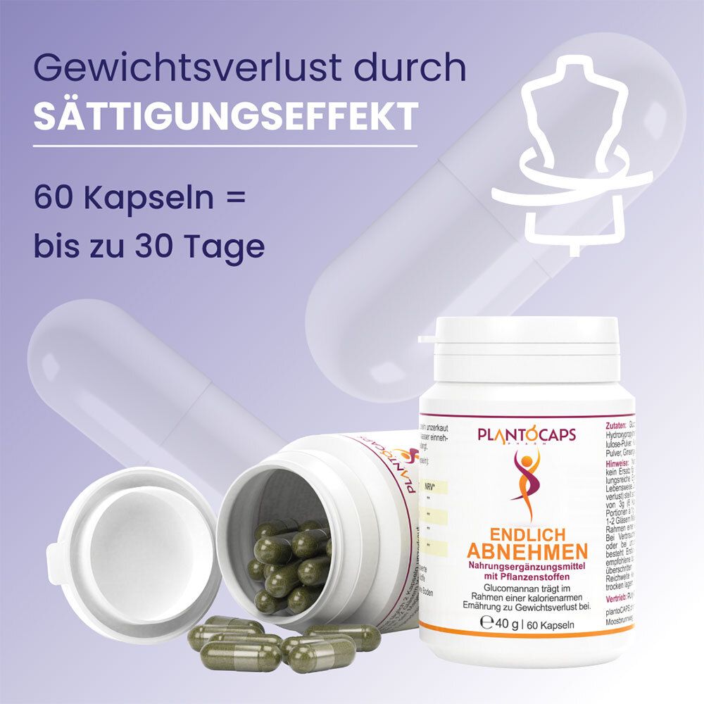 Barattolo PlantoCaps Endlich Abnehmen con coperchio aperto e capsule verdi. Capsula grande sullo sfondo.