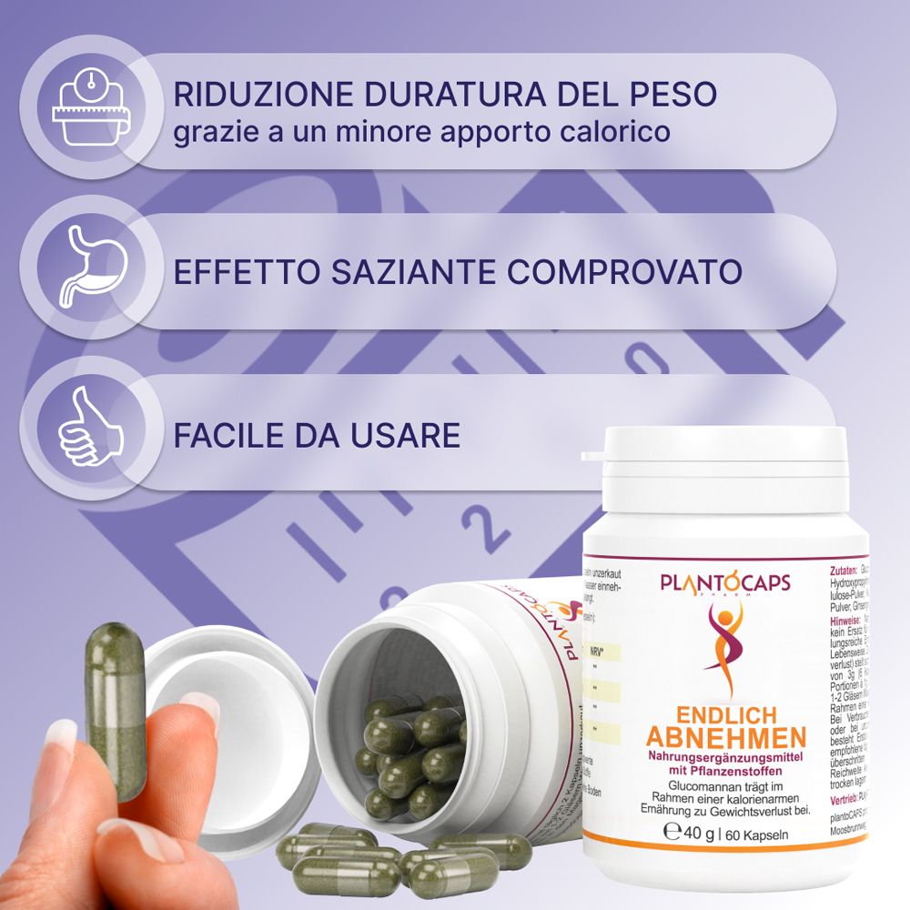 Flacone da 60 capsule, 40g. "plantoCAPS EA" e "Endlich Abnehmen" sono visibili sull'etichetta.