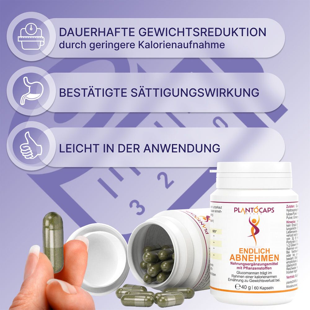 Donna tiene una capsula verde. Accanto, barattolo PlantoCaps Endlich Abnehmen e barattolo aperto con capsule.