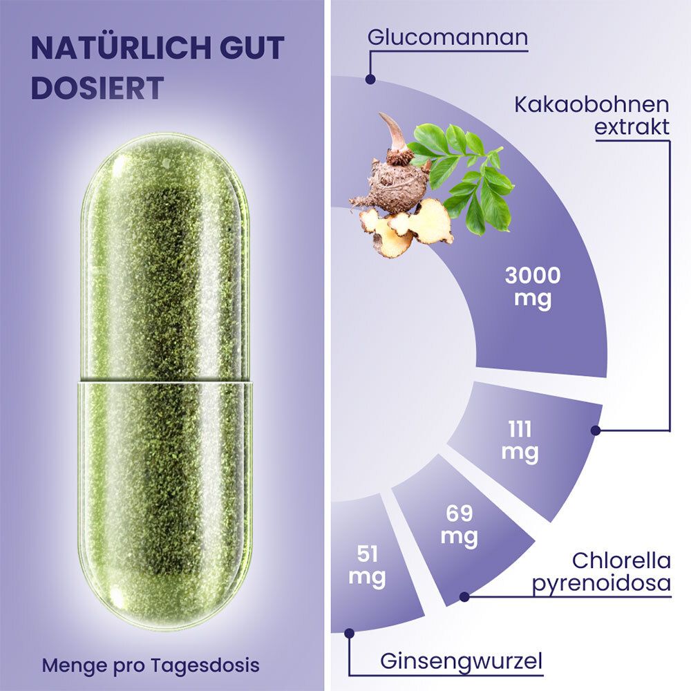 Grande capsula verde e grafico a torta degli ingredienti: Glucomannano, estratto di fave di cacao, Chlorella, radice di ginseng.