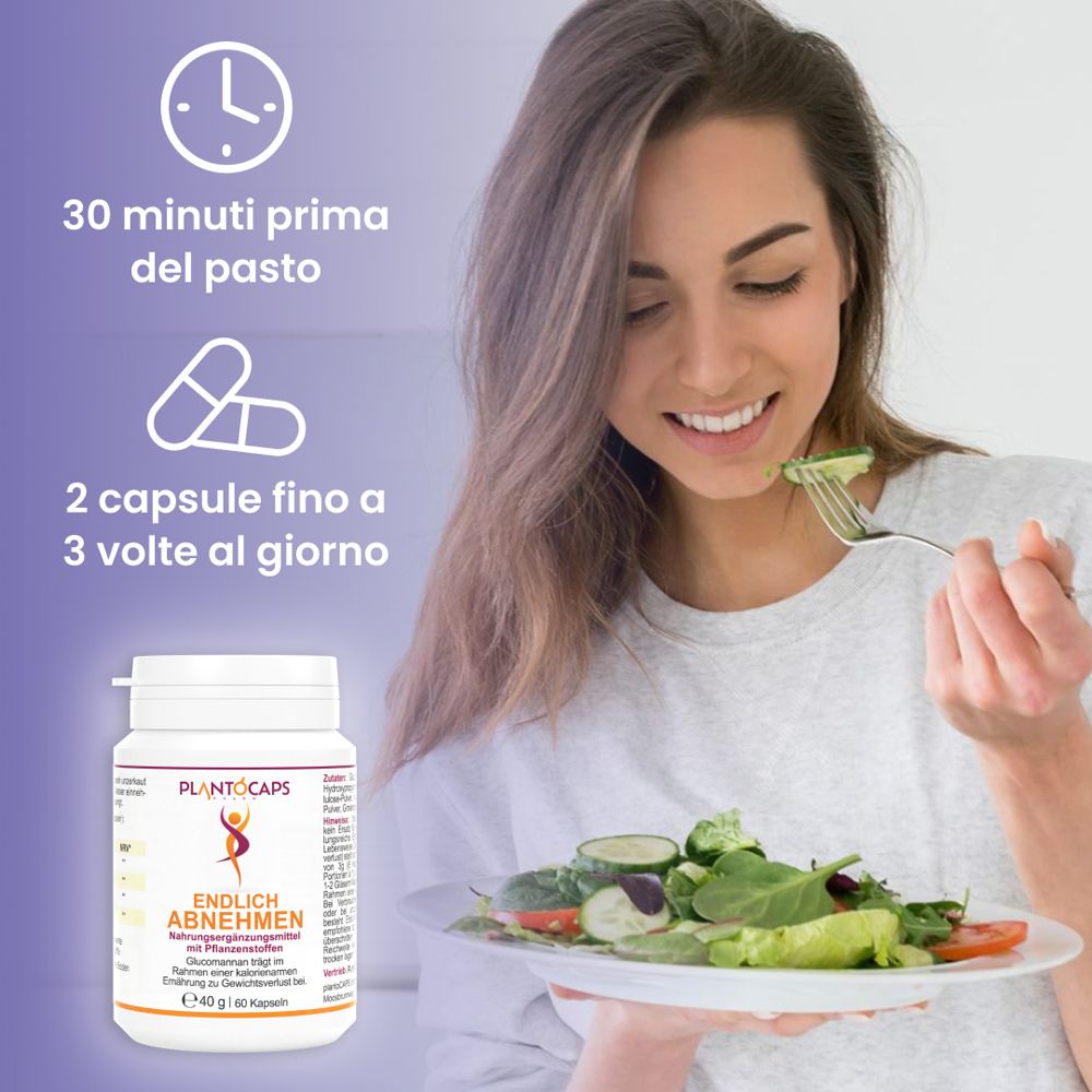 Flacone da 60 capsule, 40g. "plantoCAPS EA" e "Endlich Abnehmen" sono visibili sull'etichetta.