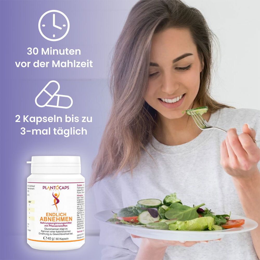 Donna mangia insalata. Accanto, barattolo PlantoCaps Endlich Abnehmen. Assunzione: 2 capsule fino a 3 volte al giorno.