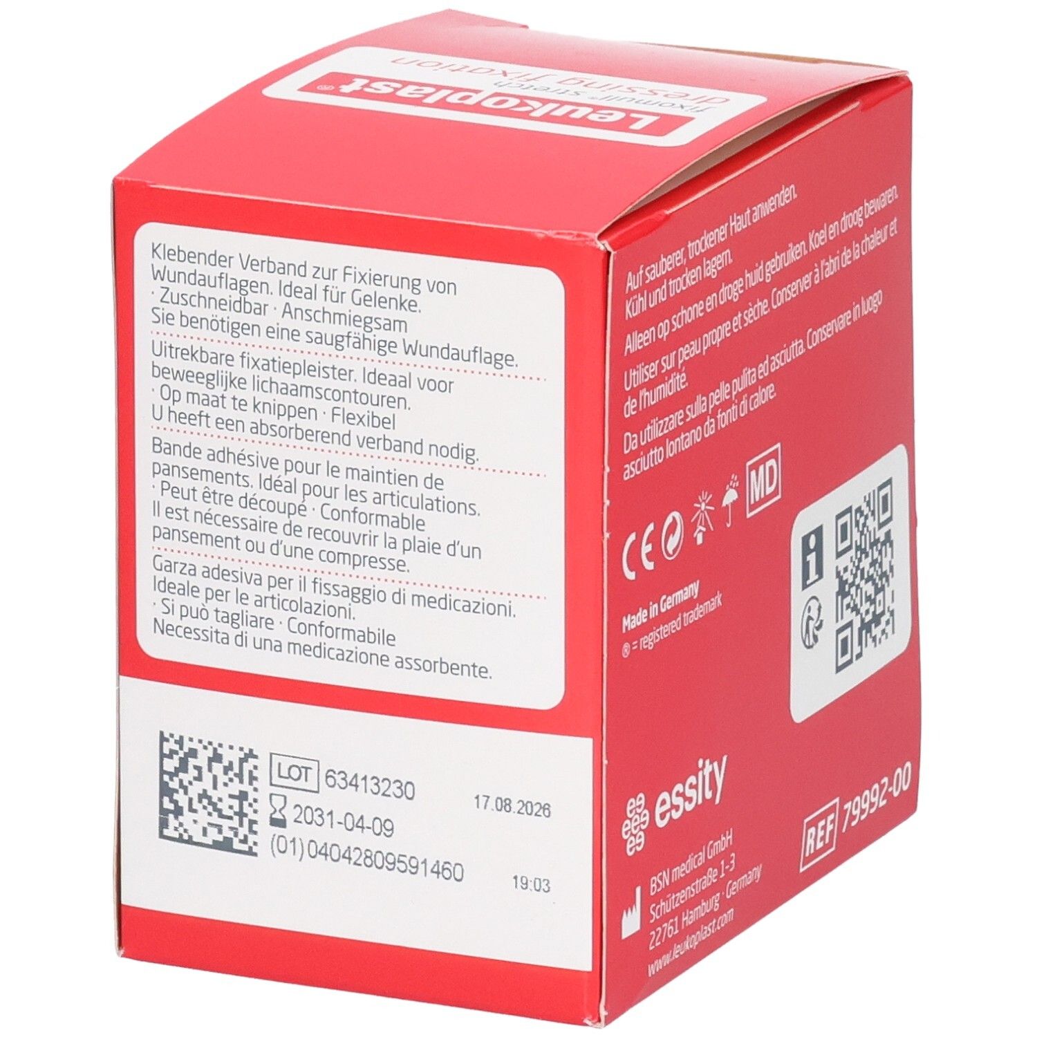Scatola rossa per materiale adesivo Leukoplast, con istruzioni per l'uso.