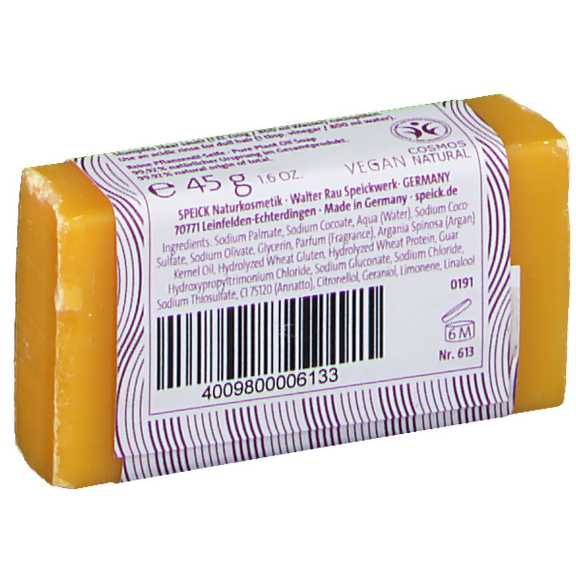 Retro del sapone per capelli Speick all'olio vegetale con ingredienti e codice a barre.