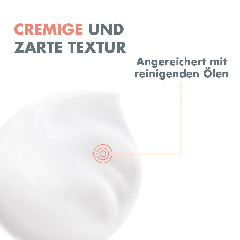 Quattro prodotti affiancati: latte detergente, acqua termale, crema occhi e crema. Etichettatura: Pulire, Lenire, Lenire localmente, Nutrire.
