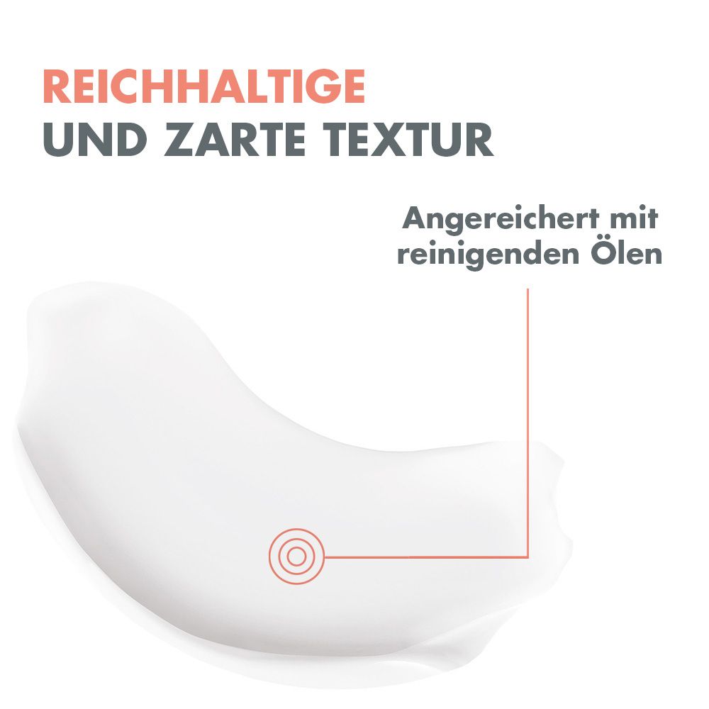 Texture della crema. Testo: Texture ricca e delicata. Arricchito con oli detergenti.