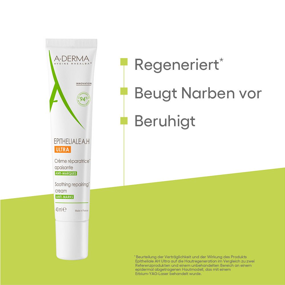 Tubo crema A-DERMA EPITHELIALE A.H ULTRA. Testo: Rigenera, previene le cicatrici, lenisce.