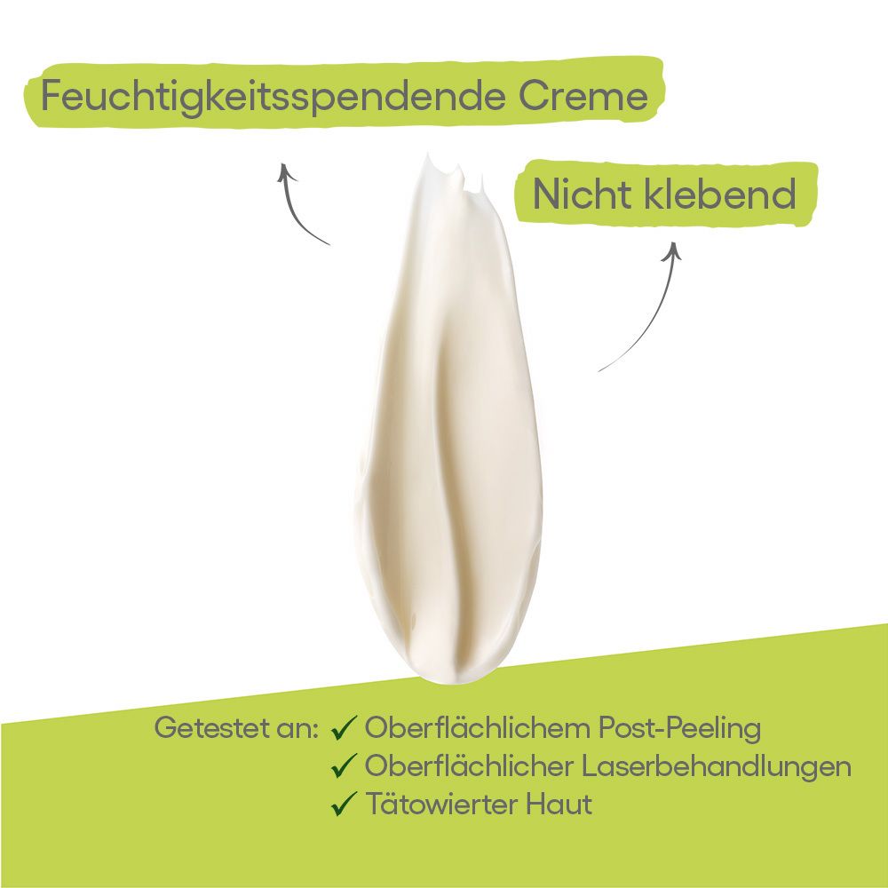 Applicazione di crema. Testo: Crema idratante. Non appiccicosa. Testato su: Post-peeling, trattamenti laser, pelle tatuata.