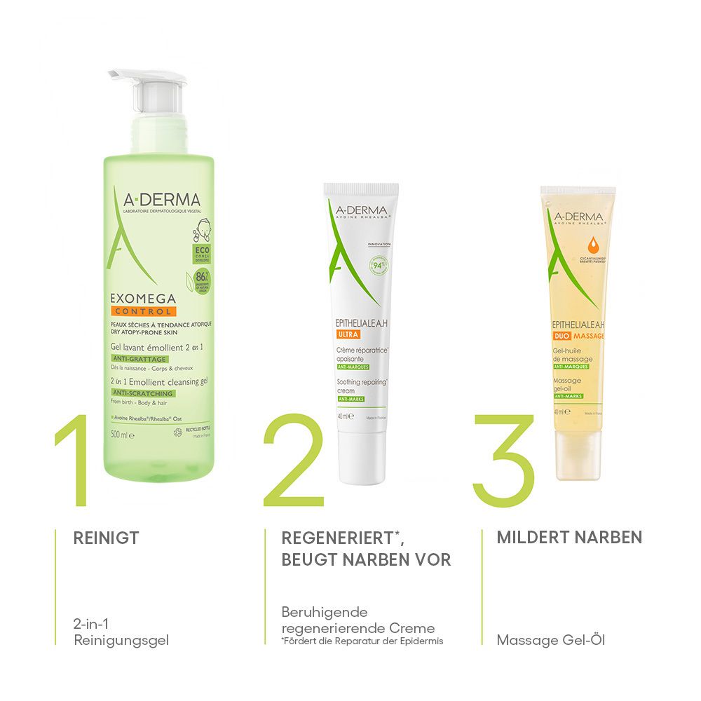 Tre prodotti: Gel detergente 2-in-1, crema e olio per massaggio. Prodotti A-DERMA.