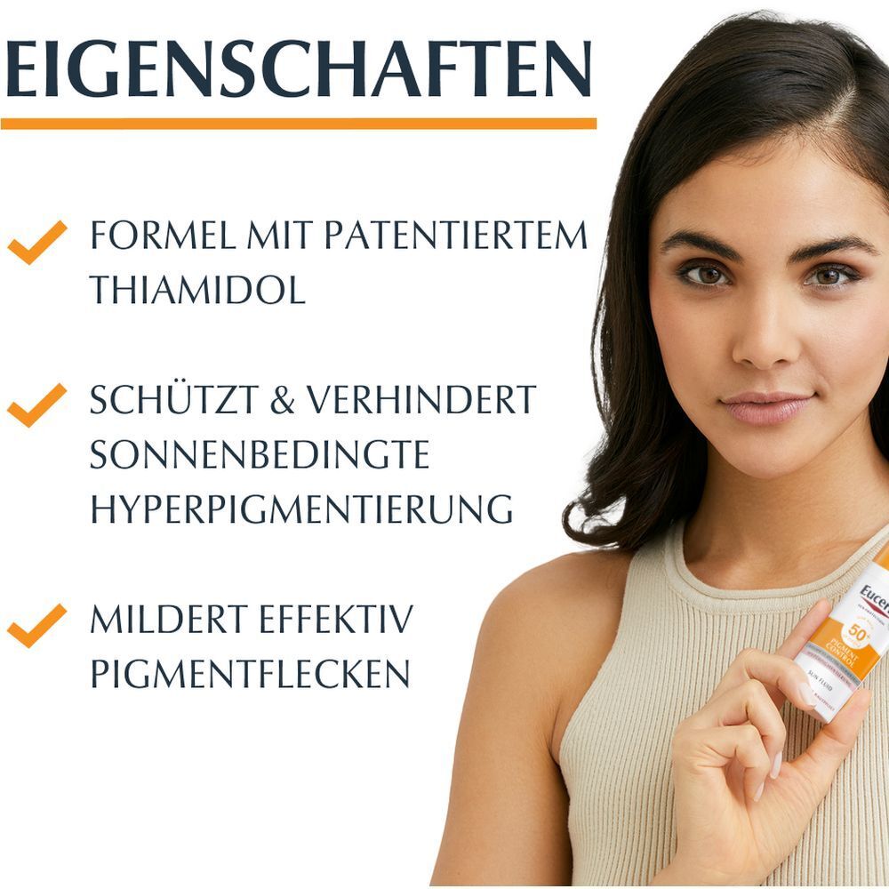 Donna con prodotto. Testo: Formula con Thiamidol, protegge dall'iperpigmentazione solare.