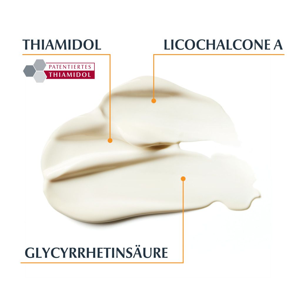Primo piano della crema. Testo: Thiamidol, Licochalcone A, Acido glicirretinico. Sfondo bianco.