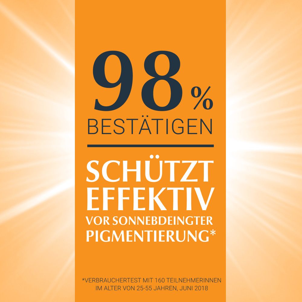 Testo: Il 98% conferma, protegge efficacemente dalla pigmentazione solare. Sfondo arancione.