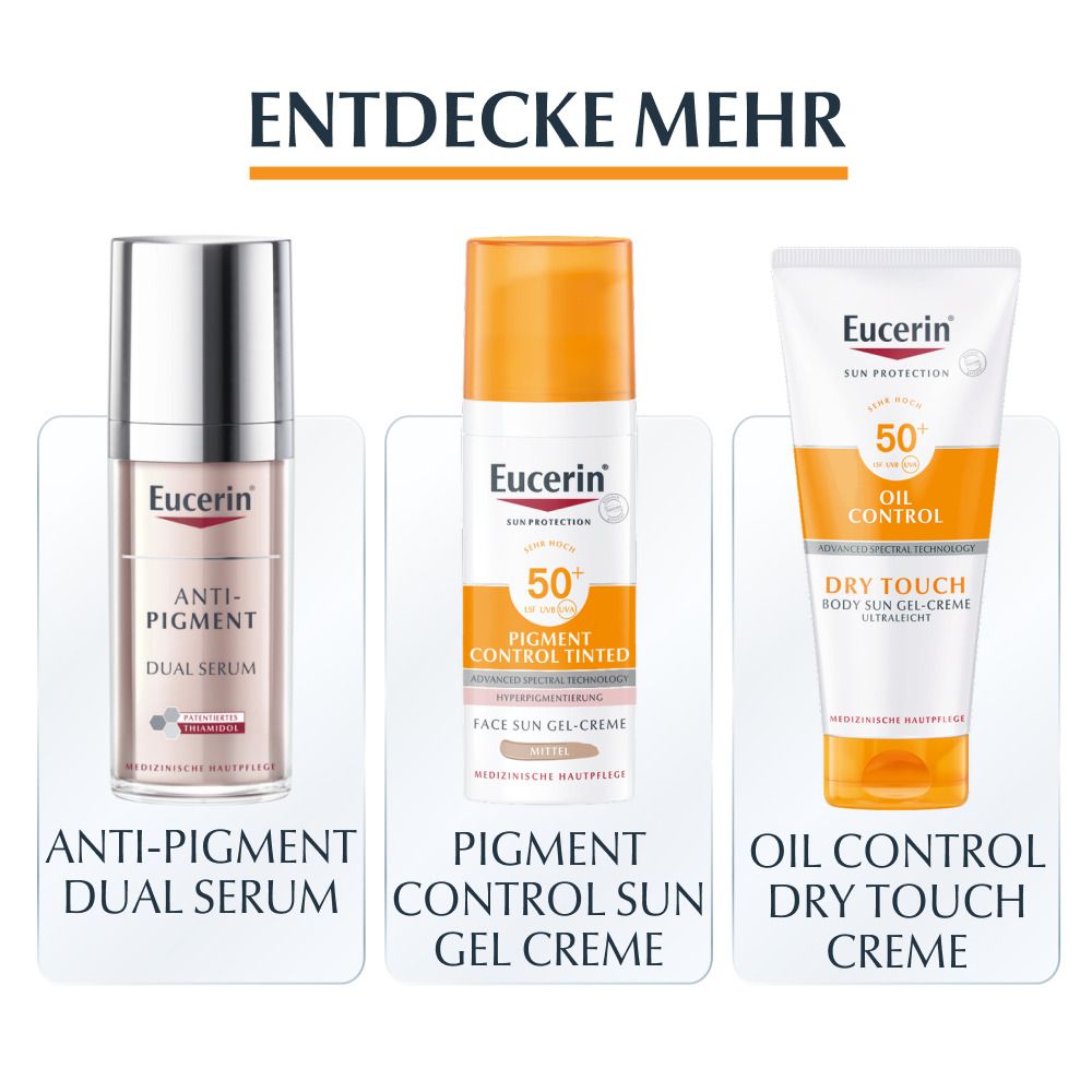 Tre prodotti Eucerin. Anti-Pigment Dual Serum, Pigment Control Sun Gel Creme, Oil Control Dry Touch Creme.