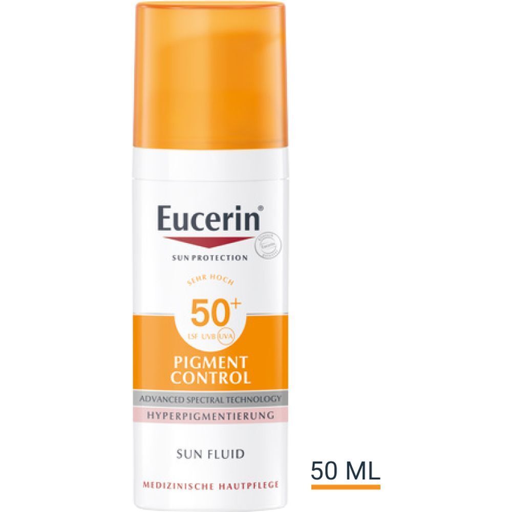 Eucerin Pigment Control Sun Fluid LSF 50+. Flacone bianco, tappo arancione. 50 ml.