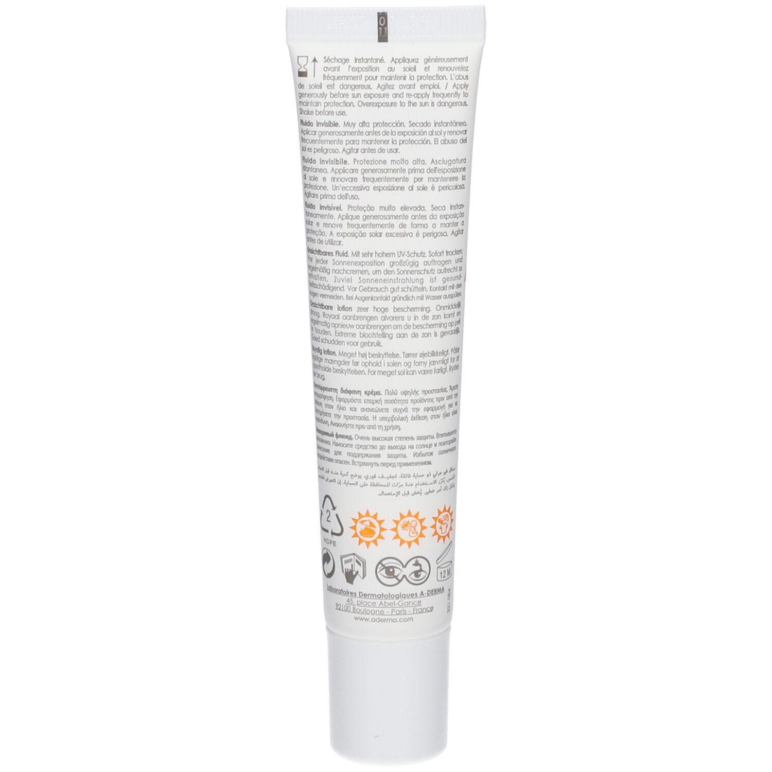 Retro del tubo A-Derma PROTECT Fluido Invisibile SPF 50+ con istruzioni e simboli.