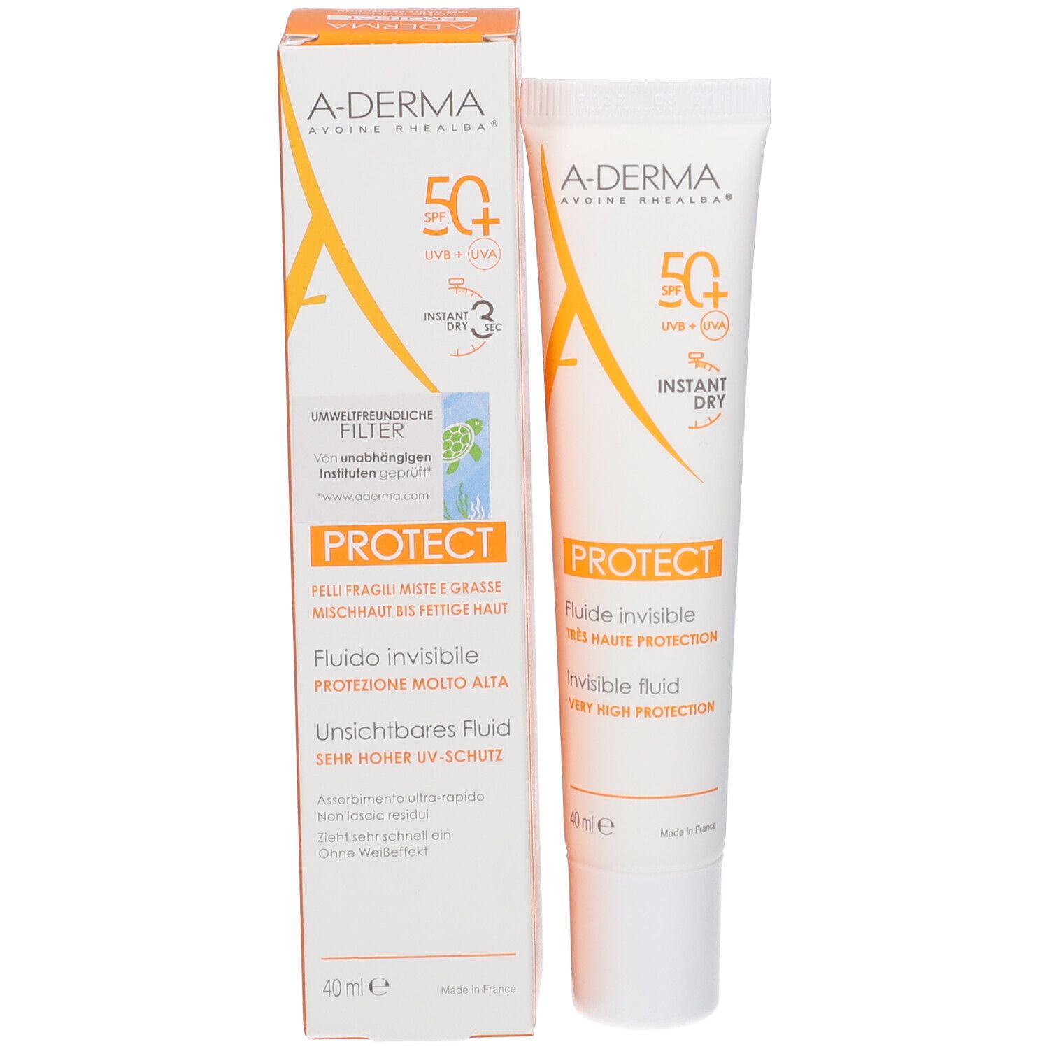 Tubo e scatola A-Derma PROTECT Fluido Invisibile SPF 50+, entrambi con SPF 50+.