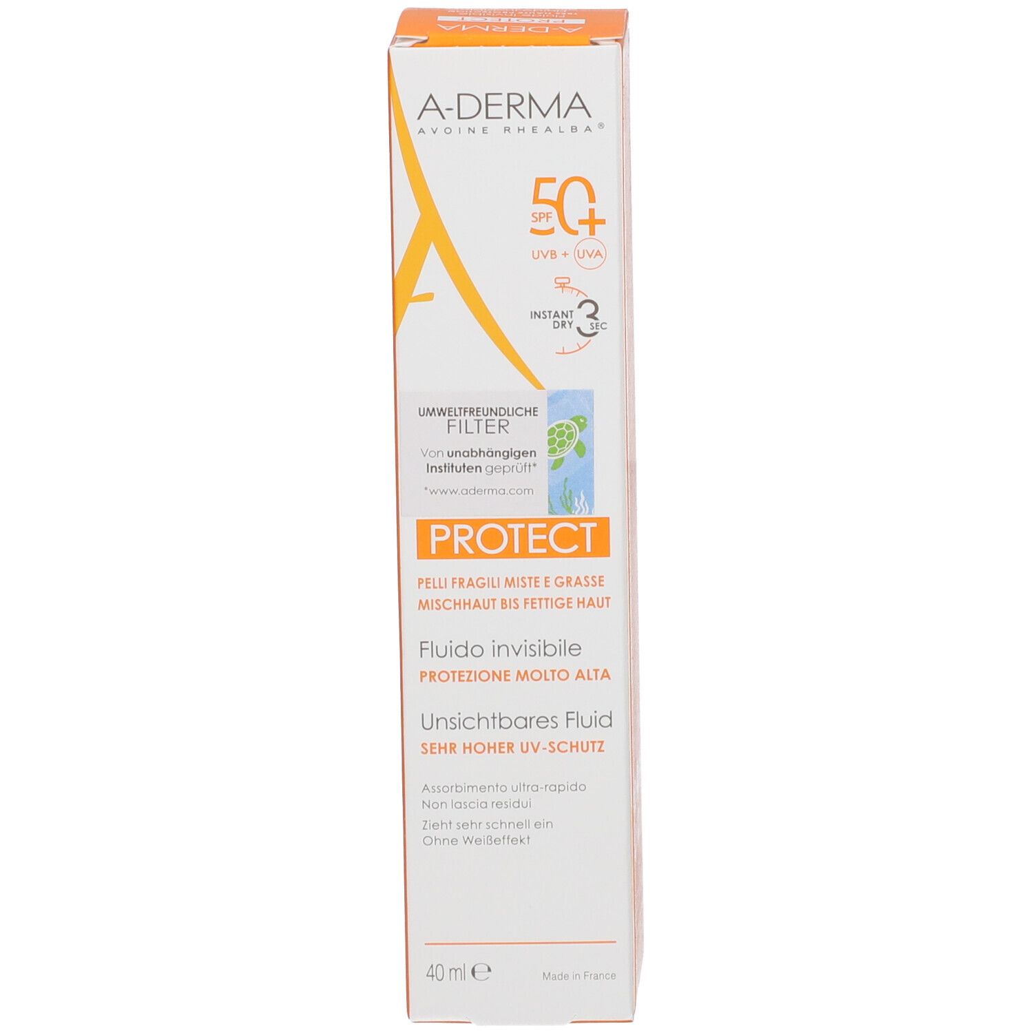 Fronte della scatola A-Derma PROTECT Fluido Invisibile SPF 50+ con informazioni sul prodotto.
