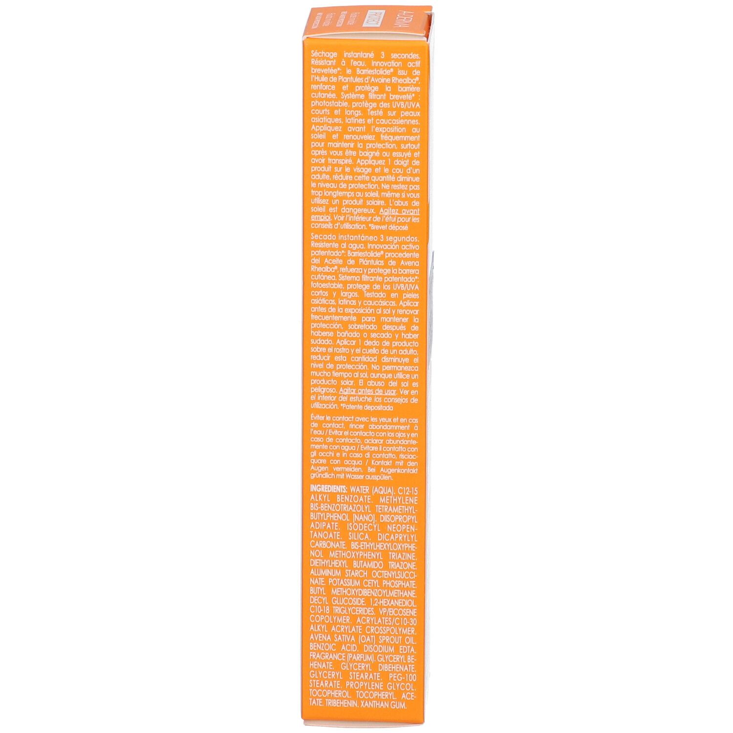 Vista laterale della scatola A-Derma PROTECT Fluido Invisibile SPF 50+ con elenco ingredienti.