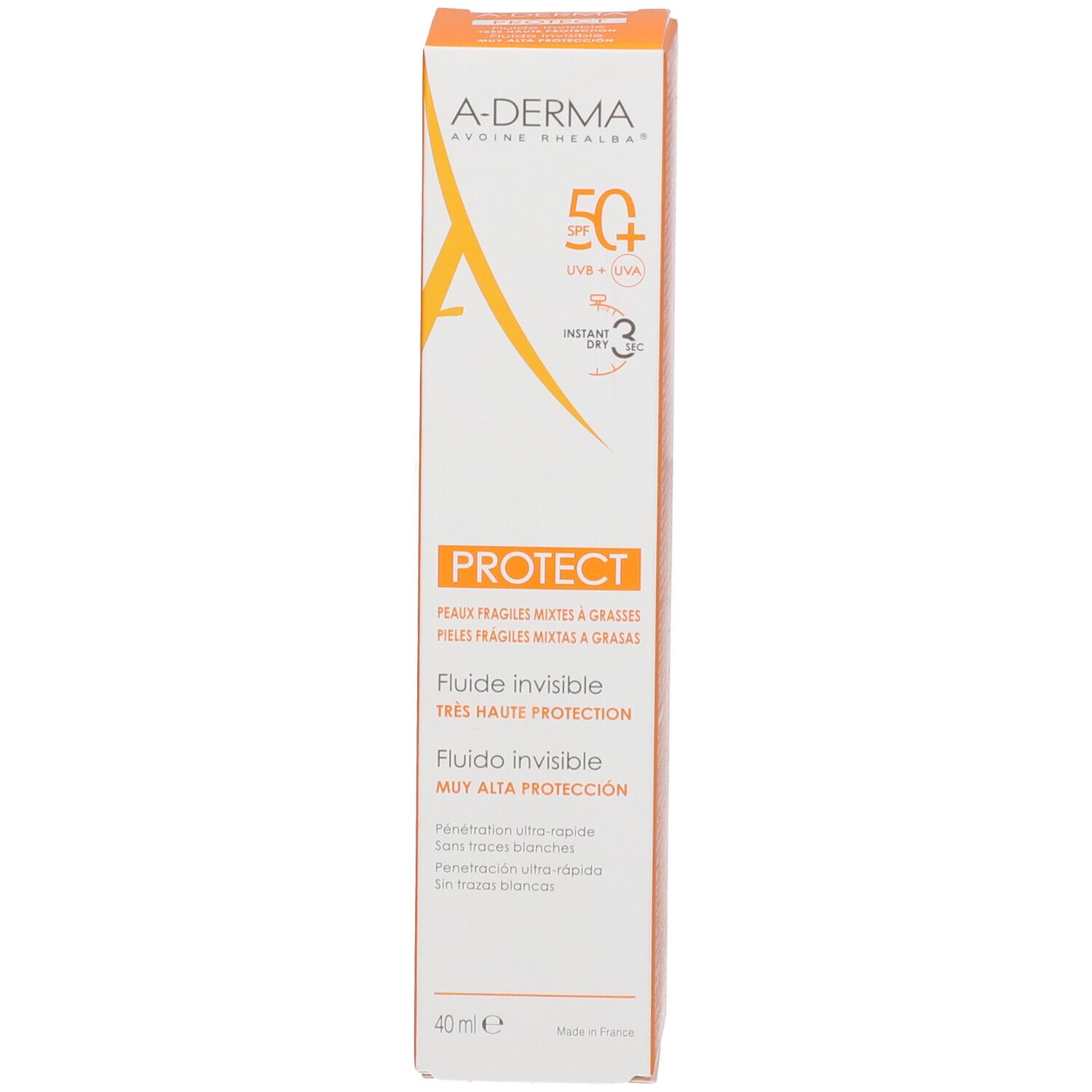 Scatola A-Derma PROTECT Fluido Invisibile SPF 50+ con informazioni prodotto e SPF 50+.