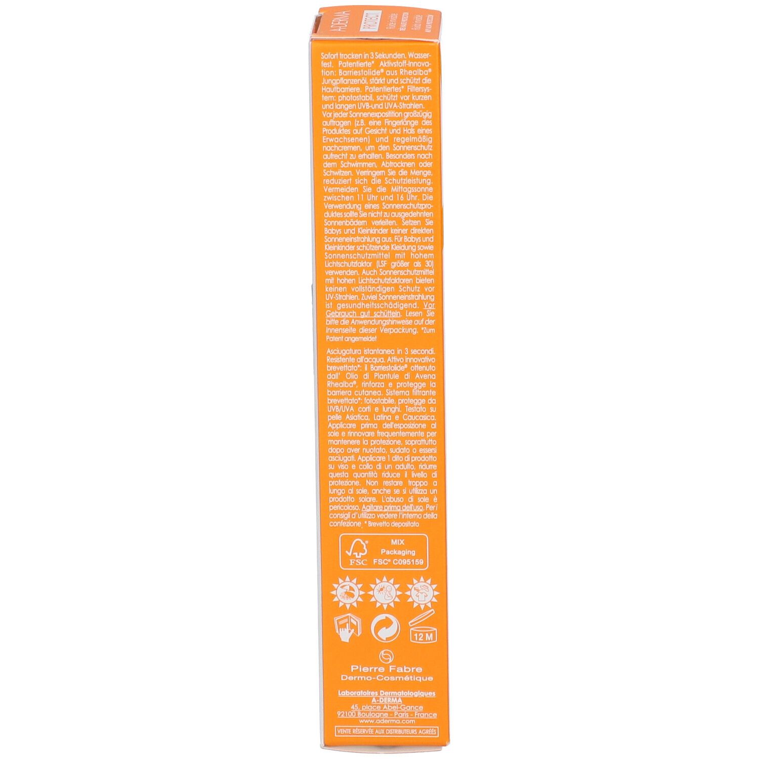 Retro della scatola A-Derma PROTECT Fluido Invisibile SPF 50+ con istruzioni per l'uso.