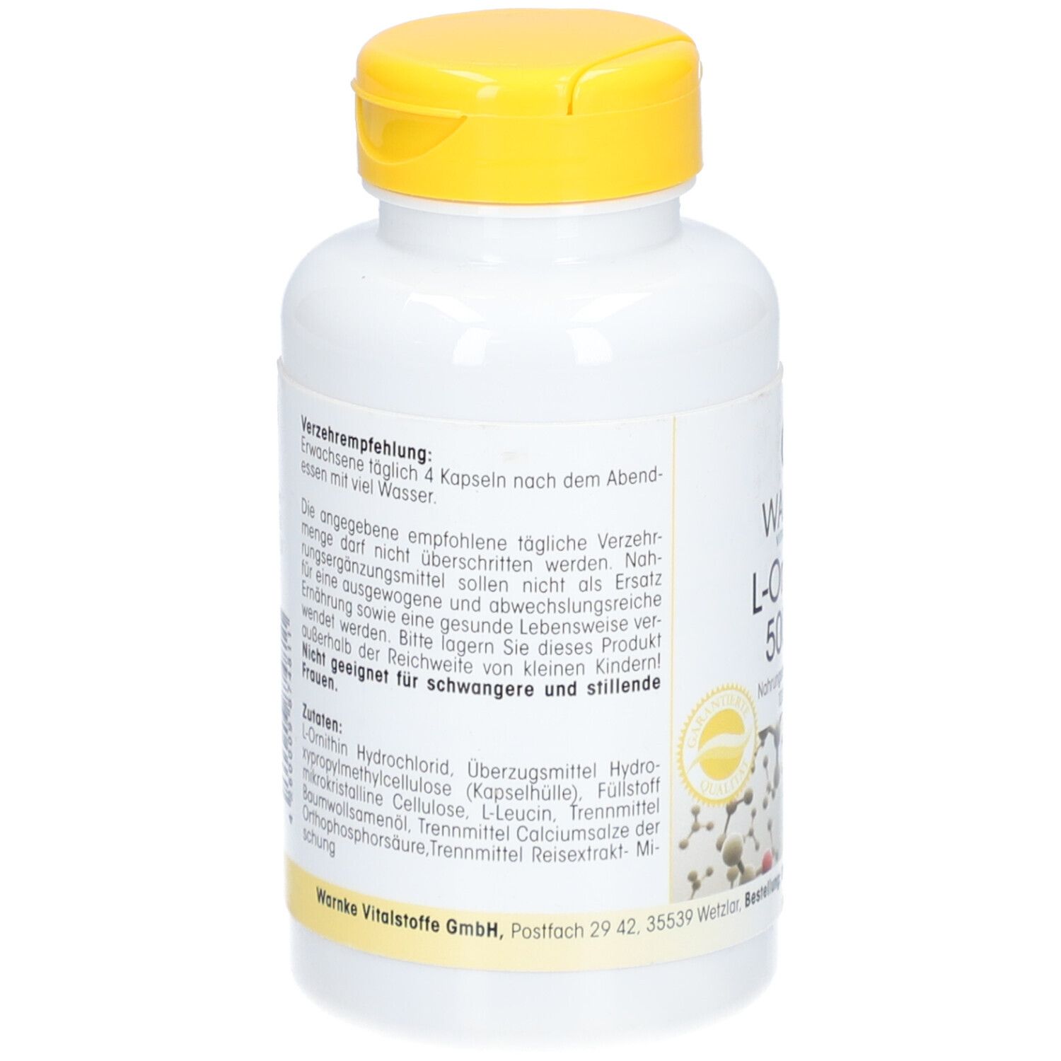 Retro del flacone bianco con tappo giallo. Testo sul dosaggio raccomandato e sugli ingredienti. Non per donne incinte e che allattano.