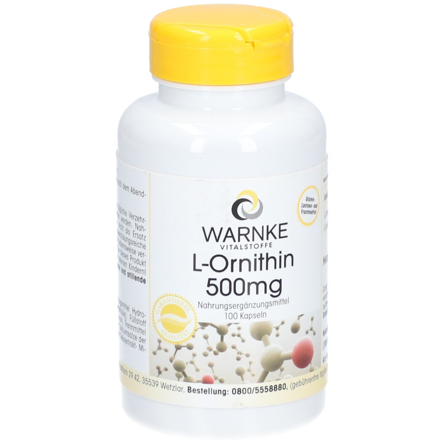 Flacone bianco con tappo giallo. Scritta: WARNKE L-Ornitina 500mg. 100 capsule. Integratore alimentare. Grafica molecolare.